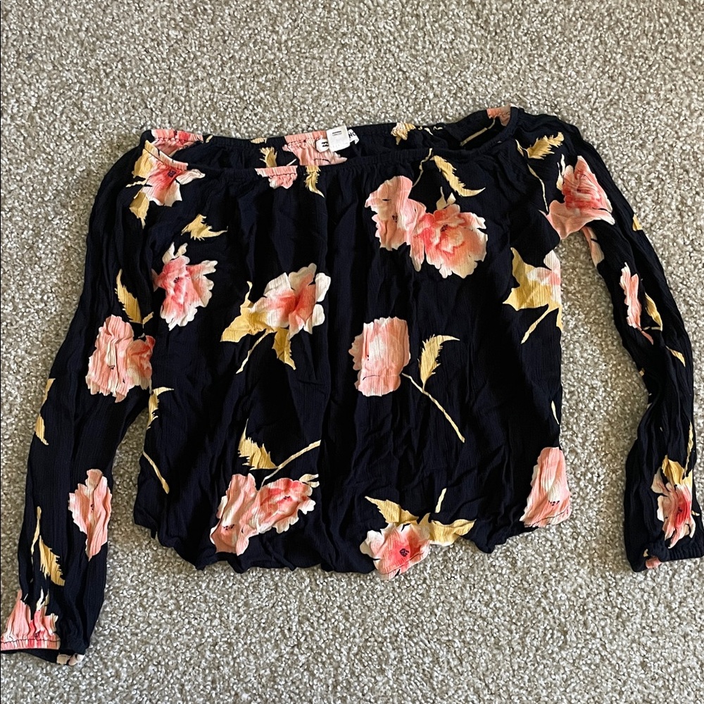 Billabong Black Off-Shoulder Floral Blouse with Pink and Yellow Blooms